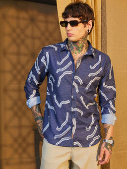 Campus Sutra - Men's Navy Blue Cross-Stitch Crawler Shirt