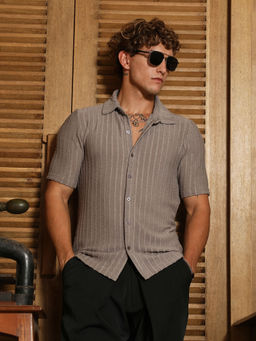 Campus Sutra - Men's Moon Grey Cross-Stitch Stripe Knit Shirt