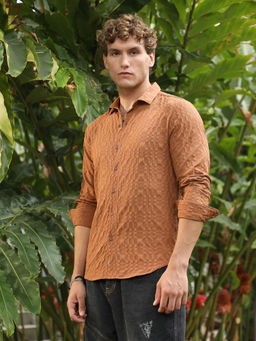 Campus Sutra - Men's Tan Brown Embossed Geometric Shirt
