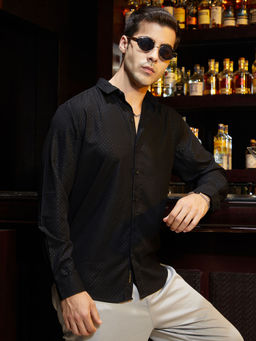 Campus Sutra - Men's Onyx Black Cross-Stitch Imprint Shirt