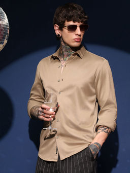 Campus Sutra - Men's Sand Beige Solid Relaxed Shirt