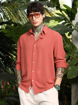 Campus Sutra - Men's Coral Orange Breezy Wrinkled Shirt