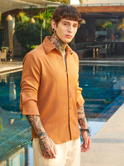 Campus Sutra - Men's Burnt Sienna Grid-Textured Shirt