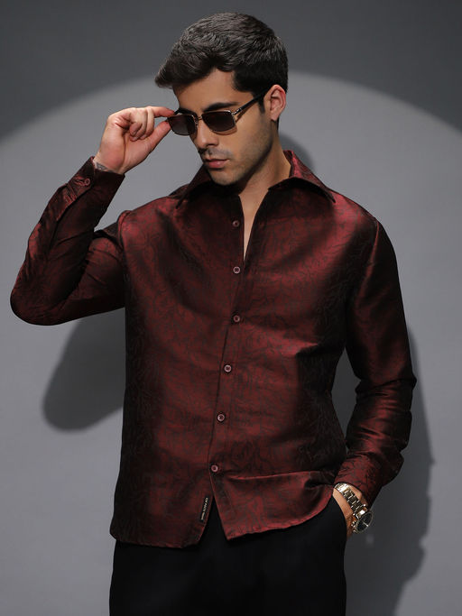 CAHOOT Men's Burgundy Red Foliage-Woven Shirt