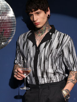 Campus Sutra - Men's Midnight Black And Cream White Fade Cuban Shirt