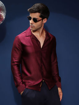 Campus Sutra - Men's Burgundy Satin Cuban Shirt