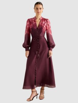 Forever New - Wine Camilla Long Sleeve Printed Belted Midi Dress