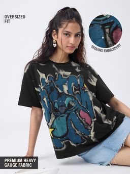 The Souled Store - Official Disney: Lilo and Stitch Crayon Art Womens Oversized T-Shirt