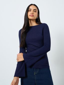 Styli - Womens Navy Blue Flared Full Sleeve Rib Knit Top