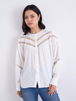 Styli - Womens White Lace Insert Long Sleeve Top