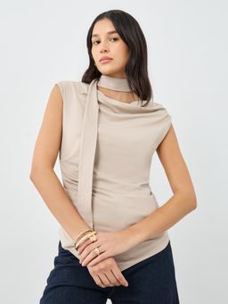 Styli - Womens Beige Front Draped Sleeveless Top
