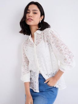 Styli - Womens White Balloon Sleeve Spread Collar Lace Shirt