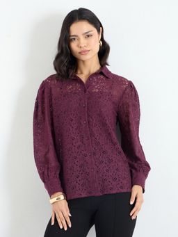 Styli - Womens Burgundy Balloon Sleeve Spread Collar Lace Shirt