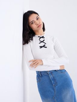 Styli - Womens Contrast Bow Detail Ribbed Knit Top