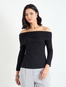 Styli - Womens Textured Valentino Knit Off Shoulder Long Sleeves Top
