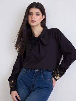 Styli - Womens Sequin Embroidered Detail Tie-Up Neck Top