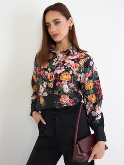 Styli - Womens Black Floral Print Long Sleeves Regular Fit Shirt