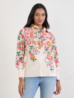 Styli - Womens Off White Floral Print Long Sleeves Regular Fit Shirt