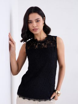 Styli - Womens Black Eyelash Lace Sleeveless Top