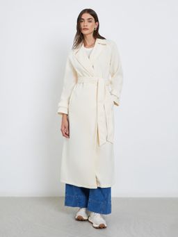 Styli - Womens Off White Regular Fit Maxi Length Wool Like Belted Coat