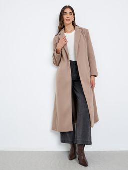 Styli - Womens Beige Regular Fit Maxi Length Wool Like Belted Coat
