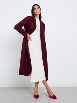 Styli - Womens Burgundy Regular Fit Maxi Length Wool Like Belted Coat