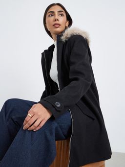 Styli - Womens Black Wool Like Zip Through Coat with Fur Hood
