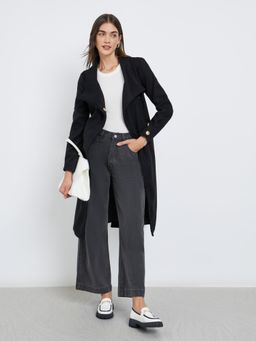 Styli - Womens Black Knee Length Wool Like Belted Coat