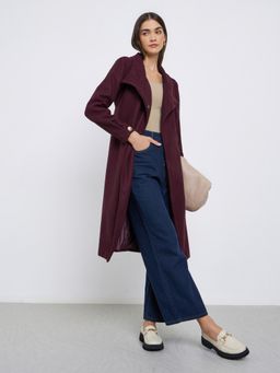 Styli - Womens Burgundy Knee Length Wool Like Belted Coat