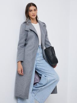 Styli - Womens Grey High Neck Midi Length Belted Wool Like Coat