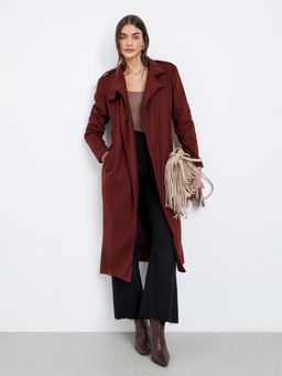 Styli - Womens Rust High Neck Midi Length Belted Wool Like Coat