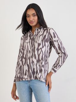 Styli - Womens Brown Muted Print Detail Longline Shirt