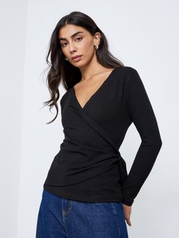 Styli - Womens Black V Neck Long Sleeves Wrap Top