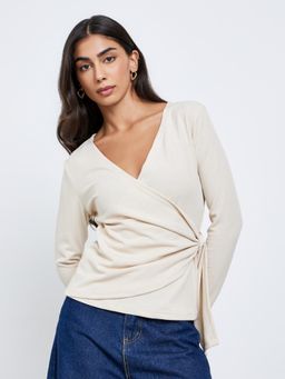 Styli - Womens Beige V Neck Long Sleeves Wrap Top