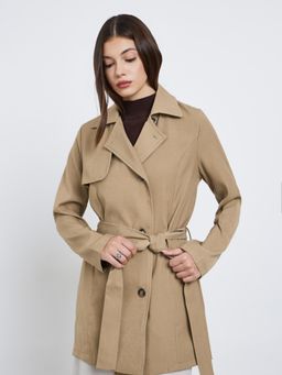 Styli - Womens Beige Long Line Regular Fit Double Breasted Belted Trench Jacket