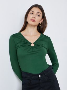 Styli - Womens Green Circle Chest Detail V Neck Long Sleeve Knit Top