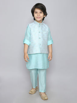 Mini Stitch - Blue Kurta with Embroidered Button Up Jacket & Pant (Set of 3)