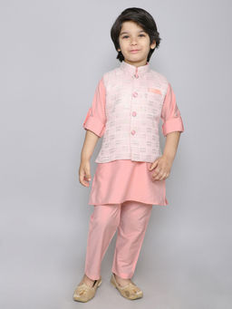 Mini Stitch - Peach Kurta with Embroidered Button Up Jacket & Pant (Set of 3)