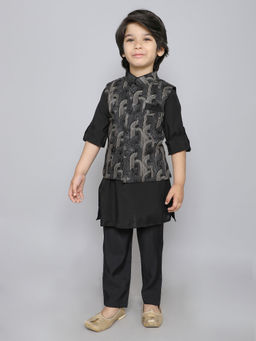 Mini Stitch - Black Kurta with Silver Foil Print Button Up Jacket & Pant (Set of 3)