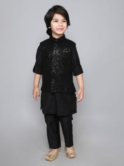 Mini Stitch - Black Kurta with Woven Sequence Button Up Jacket & Pant (Set of 3)