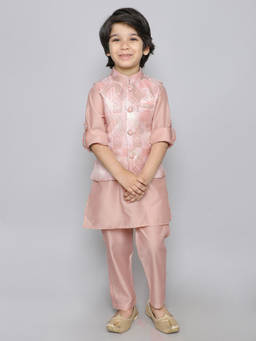 Mini Stitch - Peach Kurta with Woven Jacquard Button Up Jacket & Pant (Set of 3)
