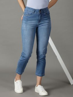 SHOWOFFFF - Women's Stretchable Low Distress Blue Relaxed Fit Jeans