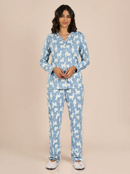 MAYSIXTY - Women Cotton Blue Full Sleeve Cartoon Printed Top and Pyjama (Set of 2)