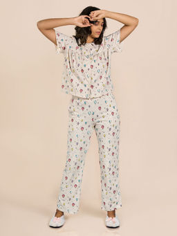 MAYSIXTY - Women Off White Shorts Sleeve Printed Crop Top and Pyjama (Set of 2)