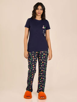 MAYSIXTY - Women Navy Blue Round Neck Shorts Sleeve Printed Top and Pyjama (Set of 2)