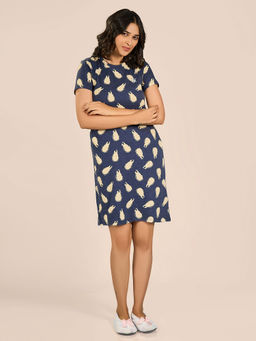 MAYSIXTY - Women Blue Round Neck Shorts Sleeve Cartoon Printed Night Dress