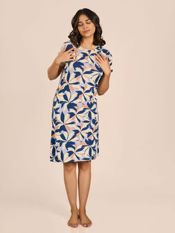MAYSIXTY - Women Viscose Spandex Blue Round Neck Shorts Sleeve Printed Night Dress