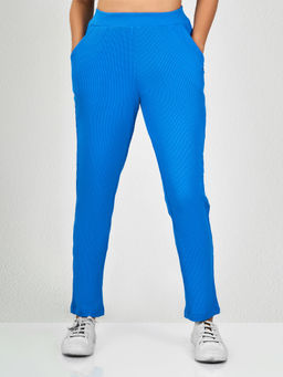 MAYSIXTY - Women Cotton Waffle Blue Solid Track Pants