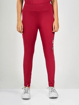 MAYSIXTY - Women Poly Spandex Maroon Printed Leggings