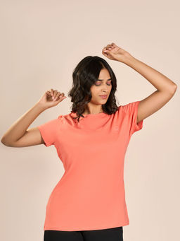 MAYSIXTY - Women Cotton Spandex Peach Round Neck Shorts Sleeve Solid Top